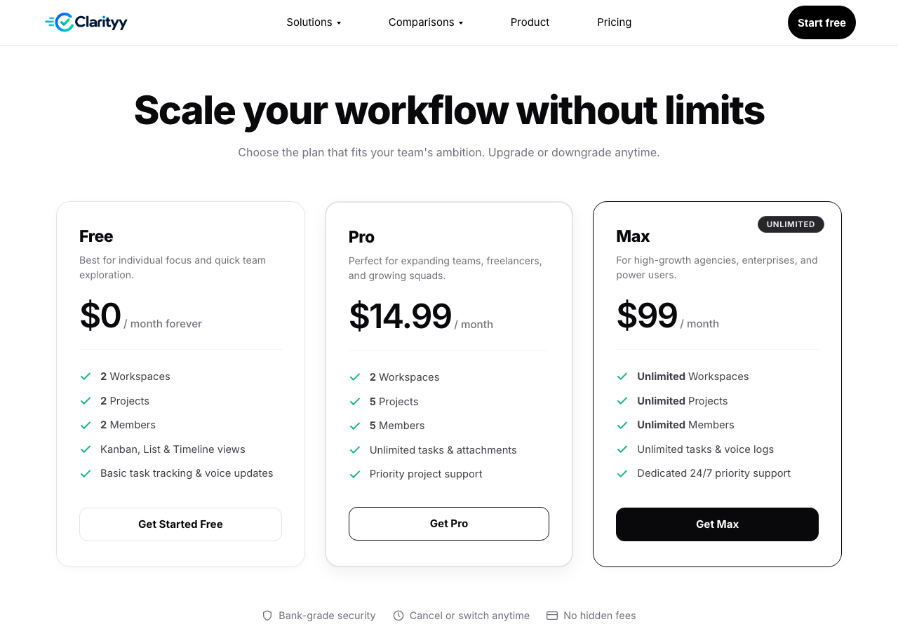 Clarityy pricing page