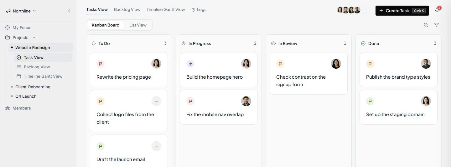 Clarityy kanban with To Do, In Progress, In Review, and Done.